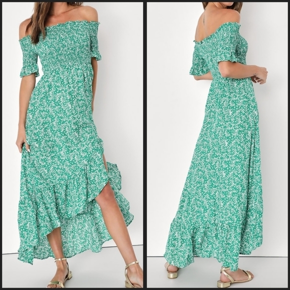 Lulus Fleur-tation Smocked Off-the-Shoulder Midi Dress in Green Floral Medium - Picture 1 of 11